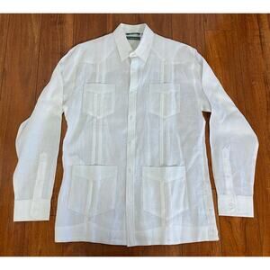 Men Cubavera Guayabera lightweight linen long sleeve solid white button up shirt